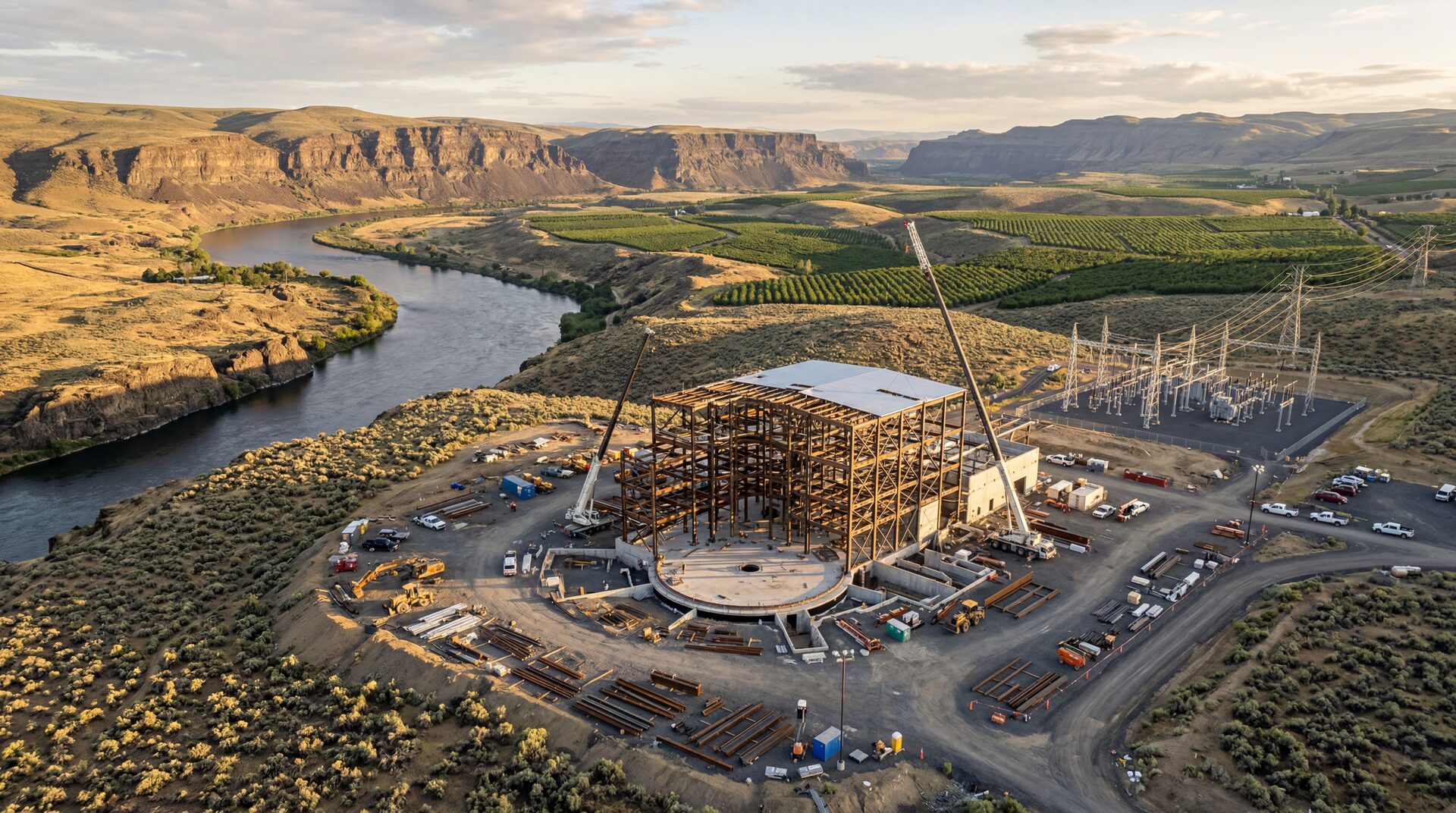 Compact industrial fusion plant at golden hour