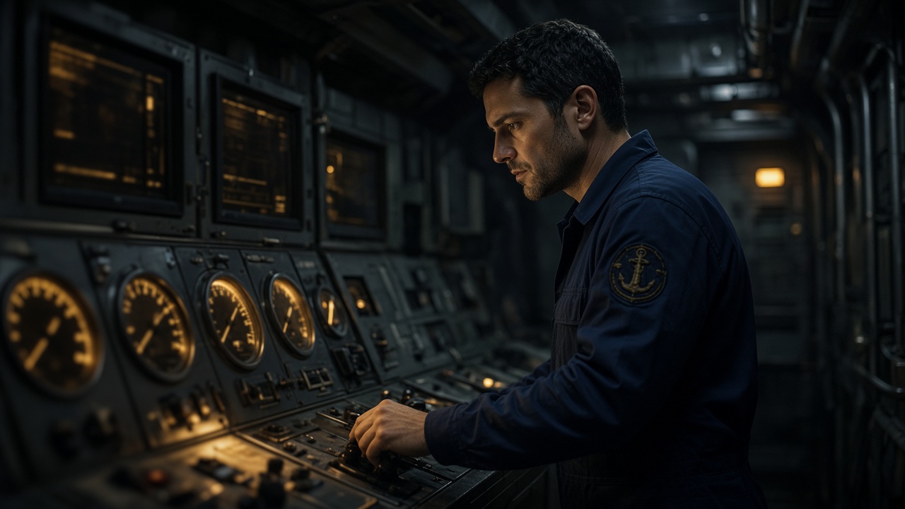 Navy engineer at a machinery control station aboard ship